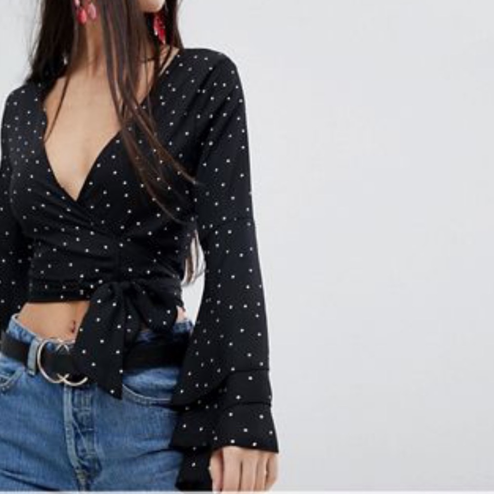 Missguided petite polka dot wrap waist frill top